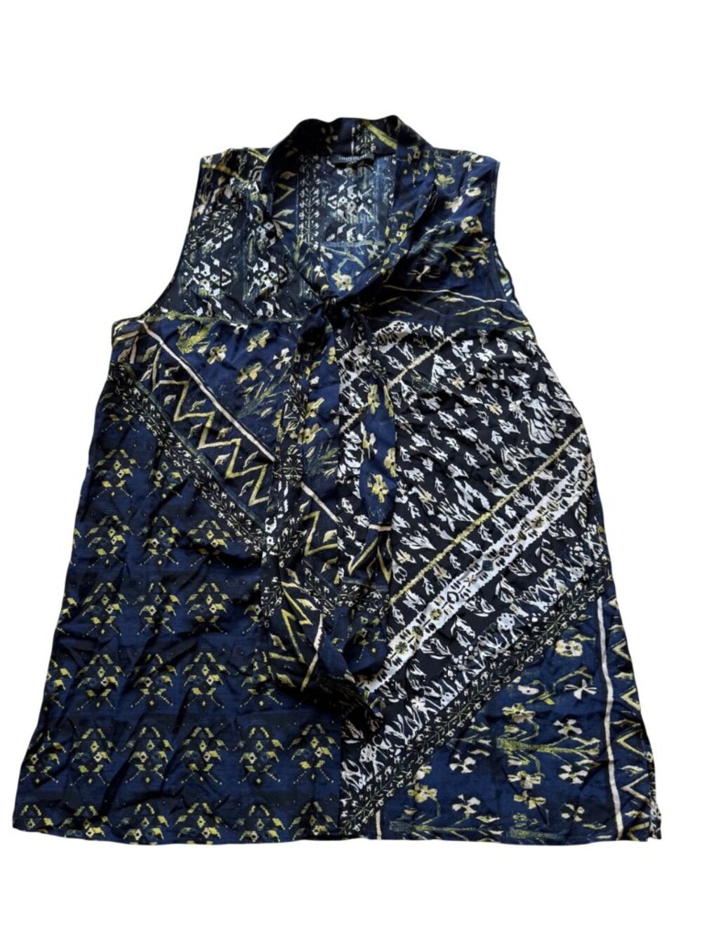 Lafayette 148 New York Women's Sleeveless Top L Blue Silk Floral Tie Neck Tunic